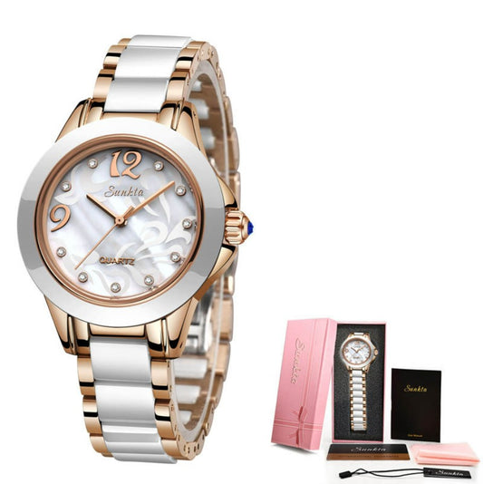 SUNKTA Explosive Ceramic Ladies Watch - Rose Gold White_0