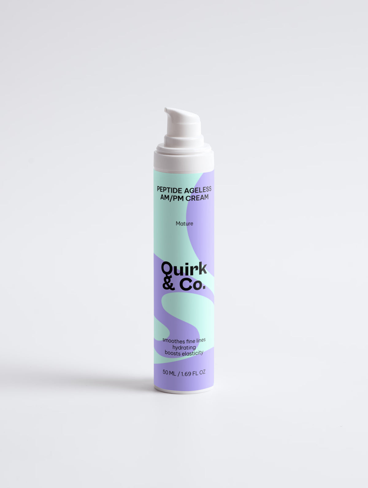 A single pump bottle of Quirk & Co. Peptide Ageless AM/PM Cream, featuring a white cap and a label with a mint green and lavender abstract design, set against a clean white background.